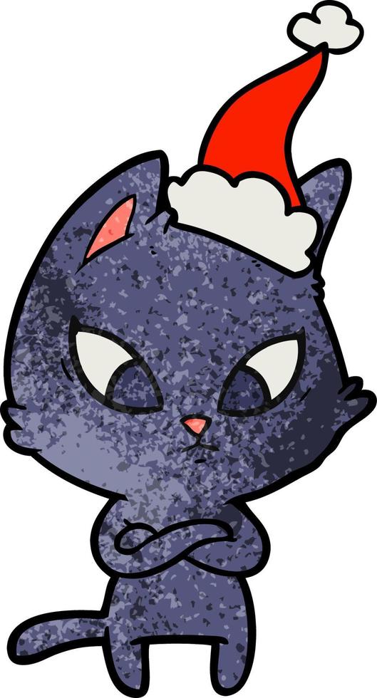 cartone animato confuso di un gatto che indossa il cappello di Babbo Natale vettore