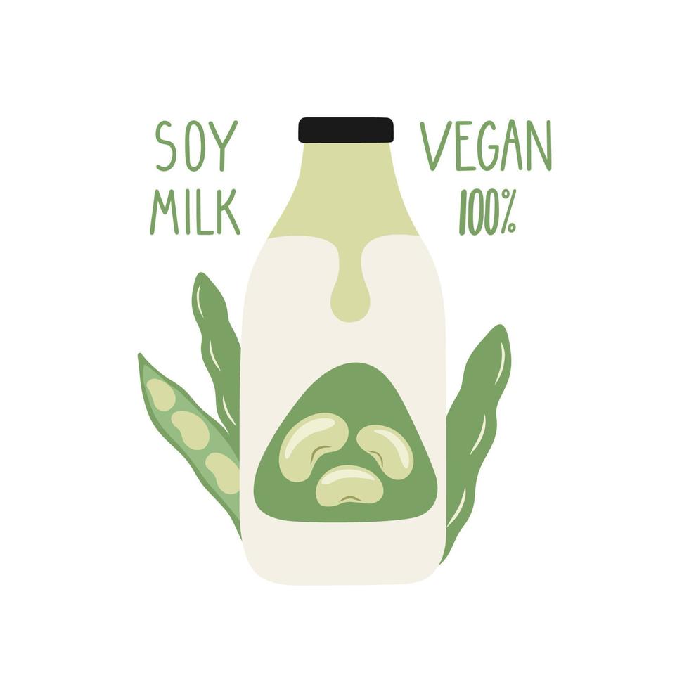 latte di soia in una bottiglia di cartone animato. latte vegano. confezione. illustrazione disegnata a mano di vettore. vettore