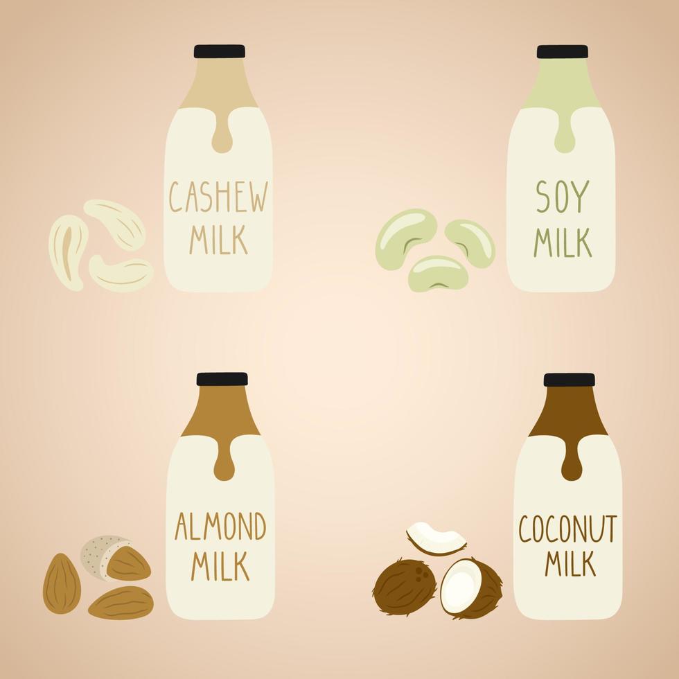 set di latte vegano in bottiglie di cartone animato. soia, anacardi, cocco, mandorla. confezione. illustrazione disegnata a mano di vettore. vettore