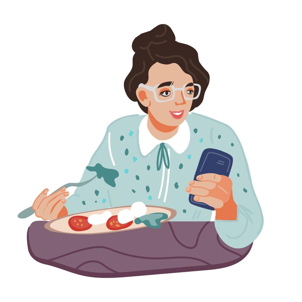 personaggio dei cartoni animati della donna d'affari che mangia e guarda lo smartphone, illustrazione vettoriale isolata piatta. ragazza che ha pausa pranzo in un ristorante o bar. alimentazione sana e stile di vita moderno.