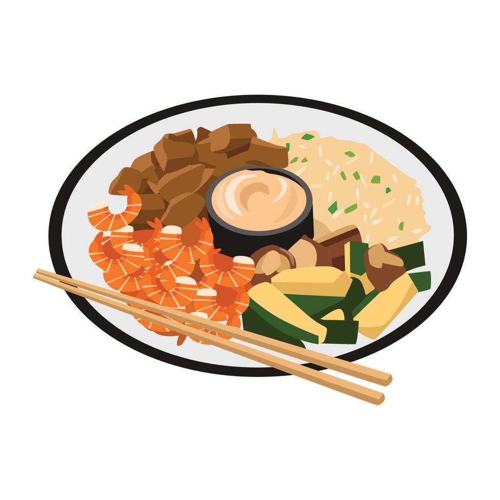 servire hibachi di riso, gamberetti, bistecca e verdure servito con salsa di primo piano in un piatto sul tavolo. vista dall'alto orizzontale dall'alto vettore