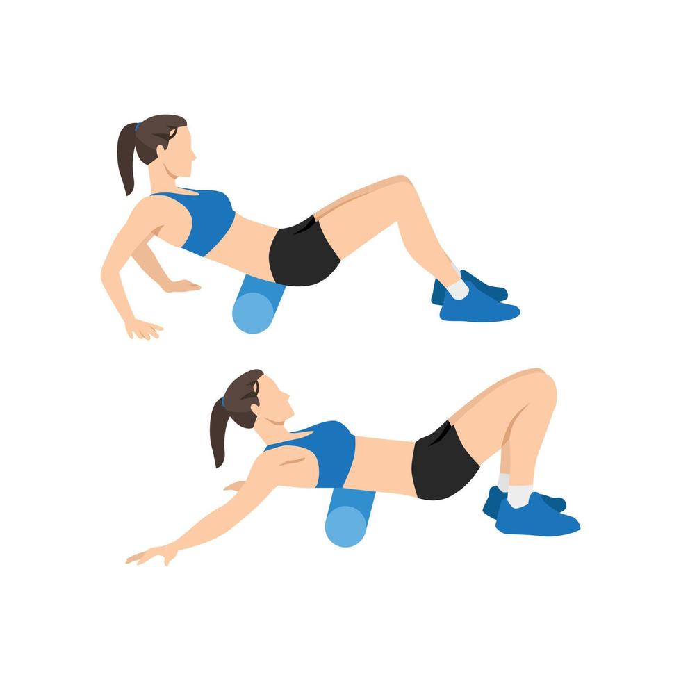 donna che fa esercizio di allungamento della parte bassa della schiena del rullo di schiuma. illustrazione vettoriale piatta isolata su sfondo bianco
