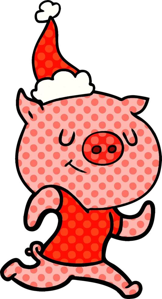 felice illustrazione in stile fumetto di un maiale che corre con indosso il cappello di Babbo Natale vettore