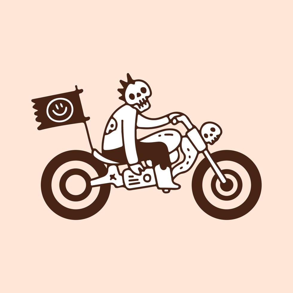 teschio punk in sella a una moto con bandiera sorridente, illustrazione per t-shirt, abbigliamento da strada, adesivi o articoli di abbigliamento. con stile doodle, retrò e cartone animato. vettore