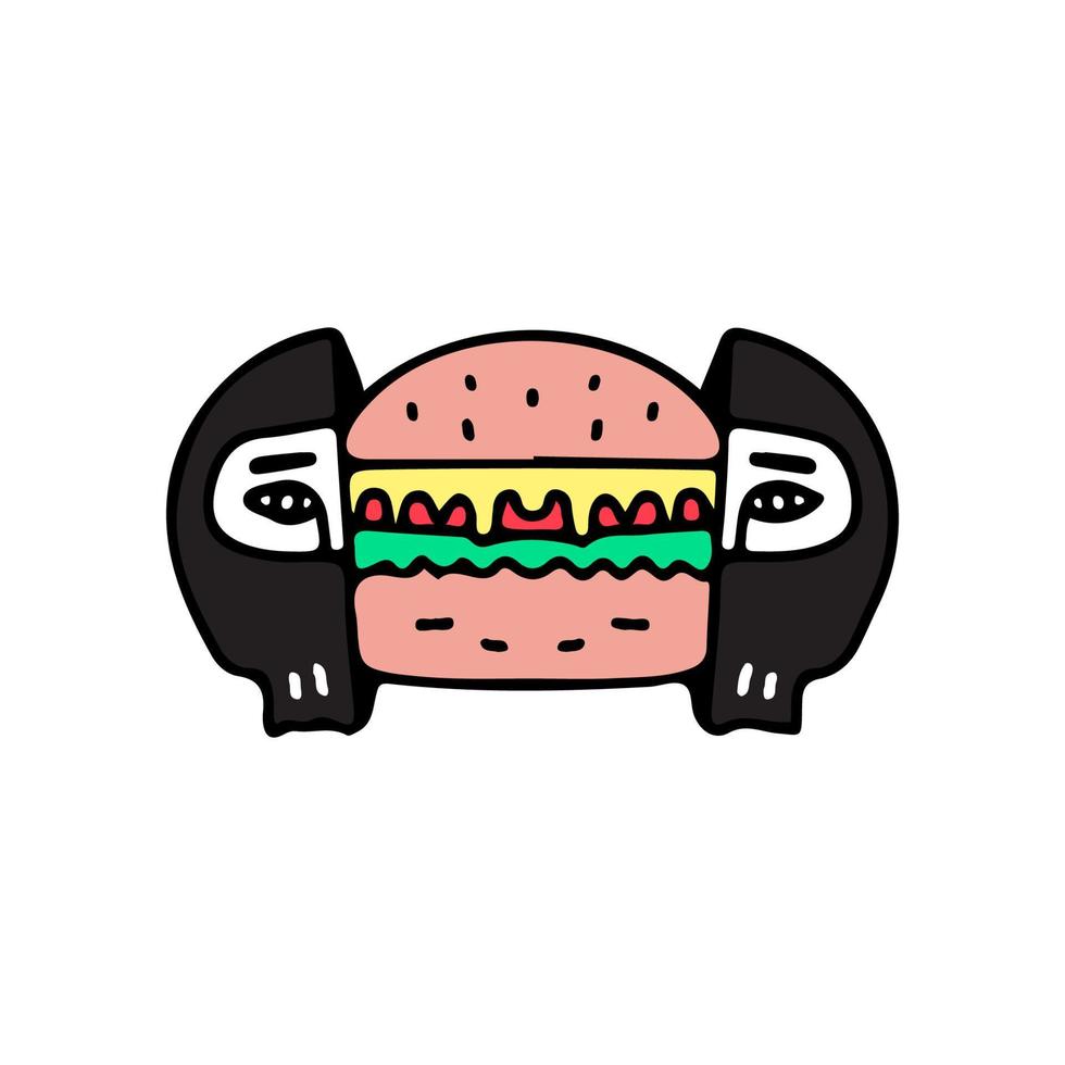 due metà della testa dell'uomo che indossano una maschera da ladro con hamburger all'interno, illustrazione per t-shirt, abbigliamento da strada, adesivi o articoli di abbigliamento. con stile doodle, retrò e cartone animato. vettore