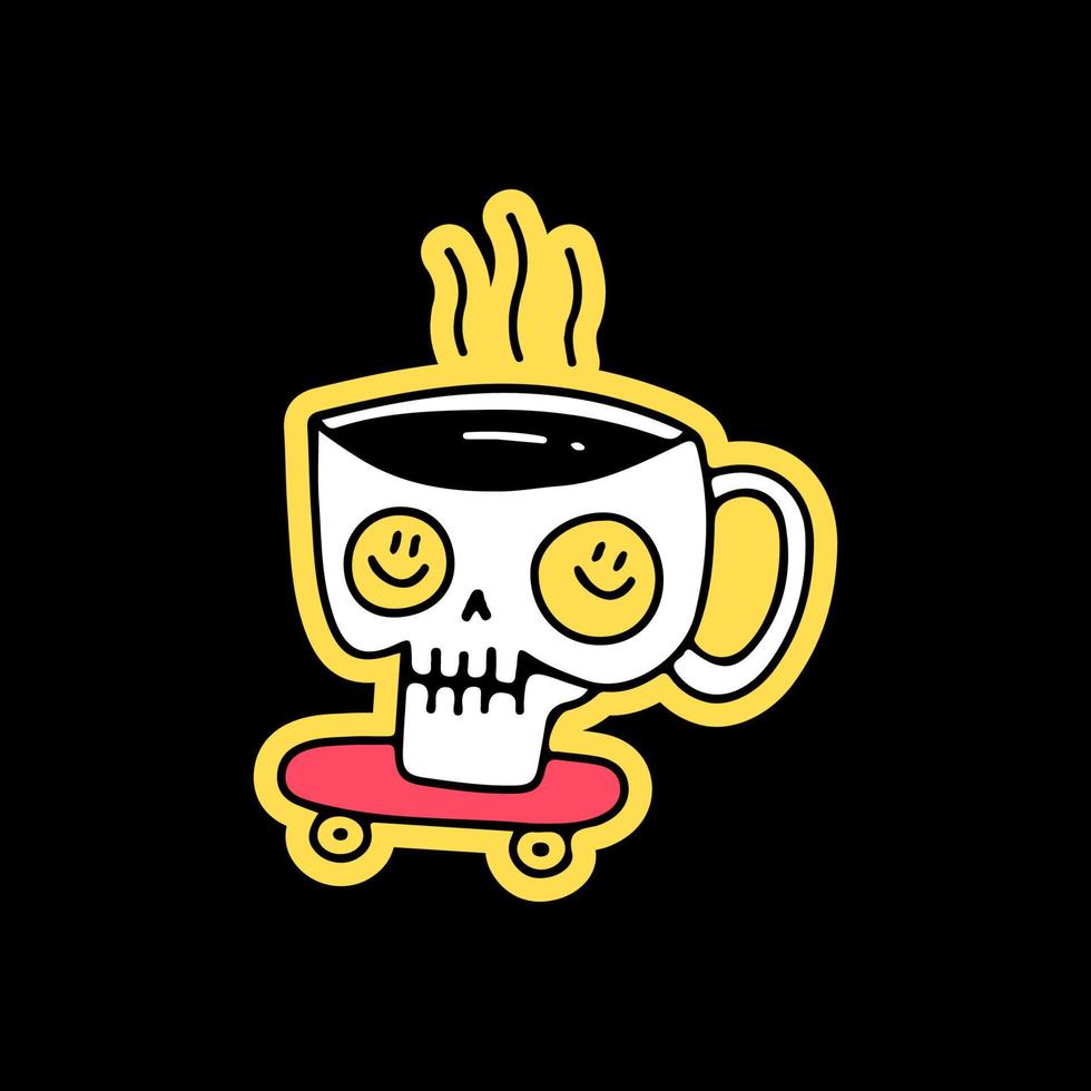 teschio della tazza di caffè con la faccia sorridente negli occhi e lo skateboard in sella, illustrazione per t-shirt, adesivi o articoli di abbigliamento. con stile doodle, retrò e cartone animato. vettore