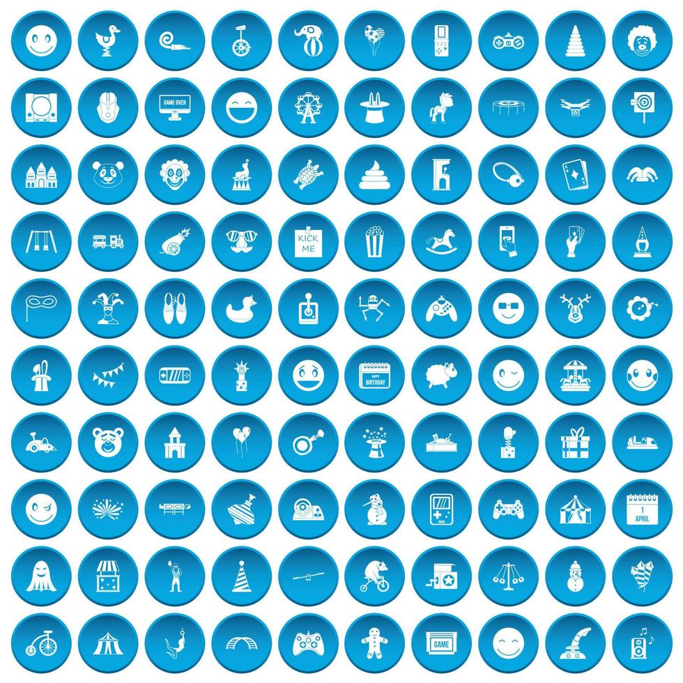 100 icone divertenti impostate in blu vettore
