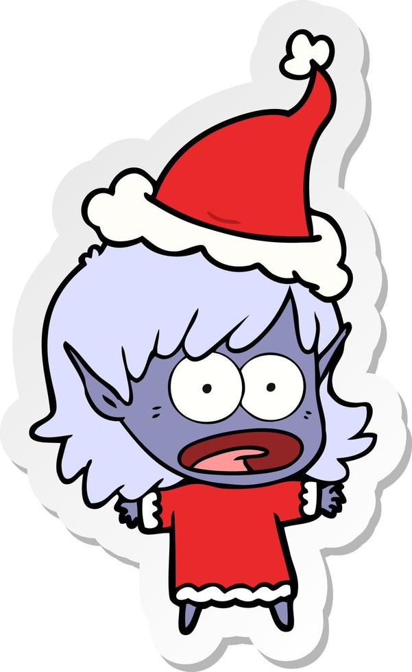 cartone animato adesivo di una ragazza elfo scioccata che indossa il cappello di Babbo Natale vettore