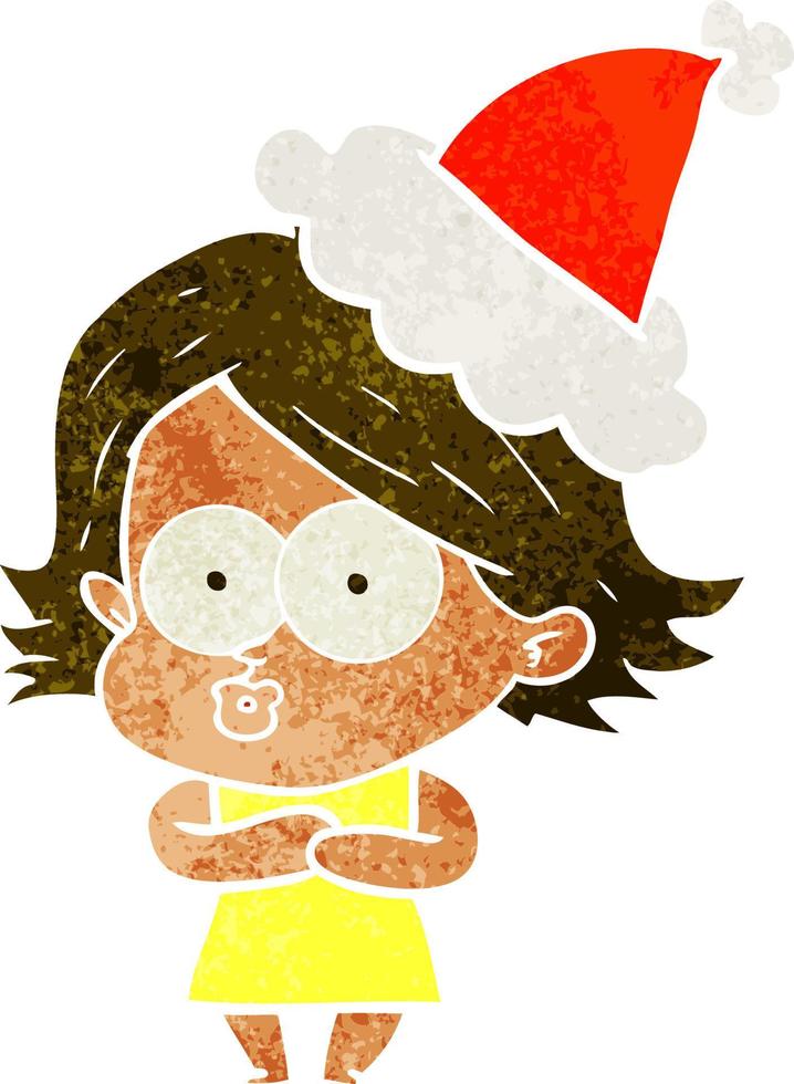 cartone animato retrò di una ragazza imbronciata che indossa il cappello di Babbo Natale vettore