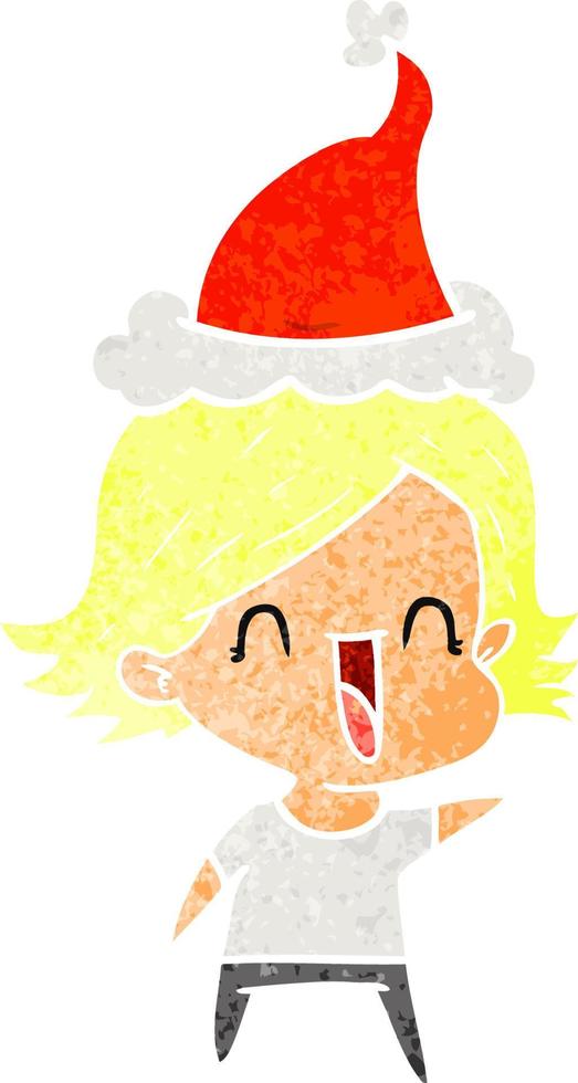 cartone animato retrò di una donna felice che indossa il cappello di Babbo Natale vettore