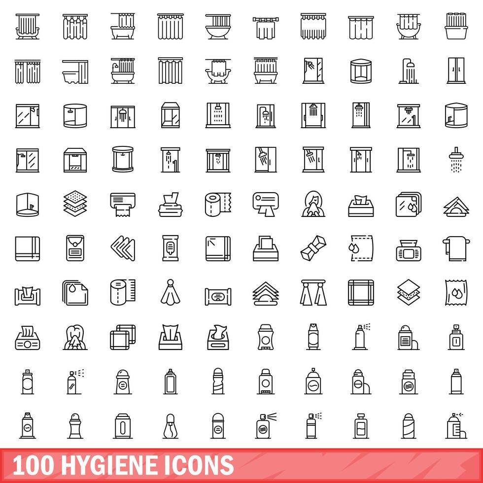 100 icone di igiene impostate, stile contorno vettore