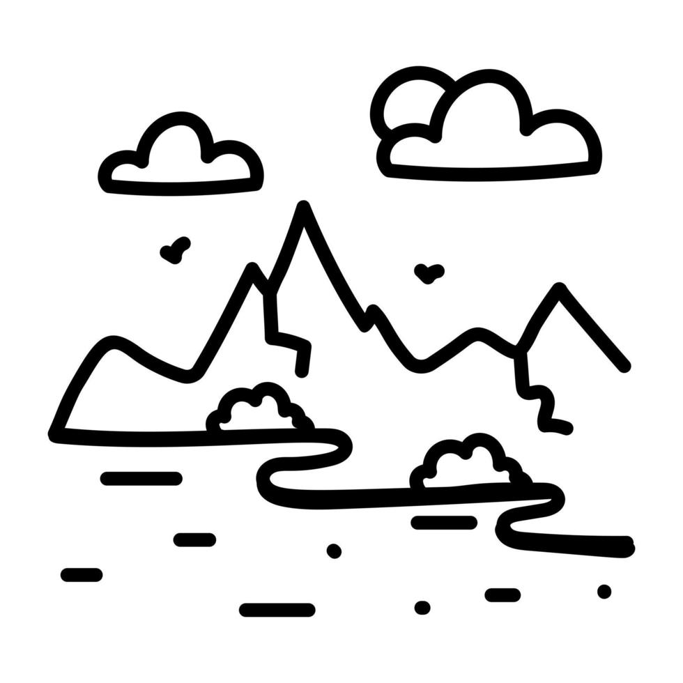 icona di doodle alla moda delle colline lungo il fiume vettore