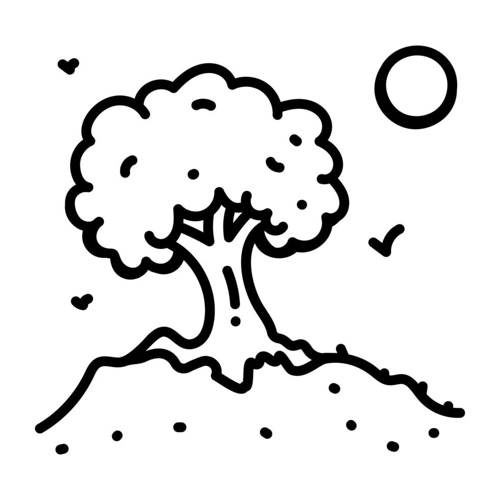 una vista panoramica di un albero con il sole, icona di doodle vettore