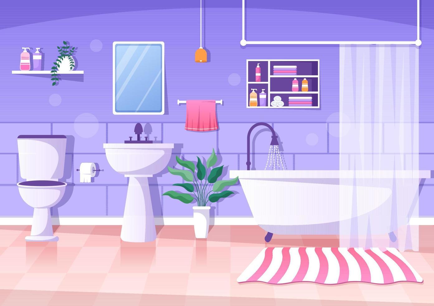 illustrazione interna del fondo dei mobili da bagno moderni con la vasca da  bagno, il lavandino del water del rubinetto per fare la doccia e pulire  nello stile di colore piatto 8652641