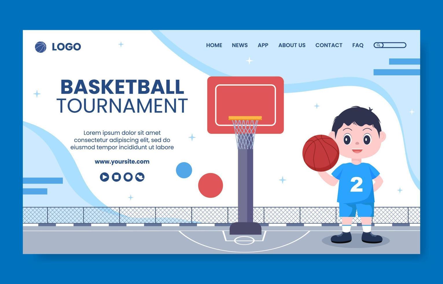 illustrazione di vettore del fondo del fumetto del modello della pagina di destinazione dei social media del torneo di sport di pallacanestro