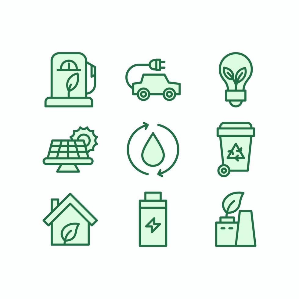 collezione di icone di contorno di colore semplice tecnologia verde vettore