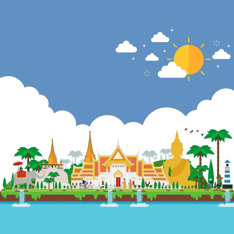 benvenuto in thailandia e gigante custode, concetto di viaggio in thailandia. il grande palazzo d'oro da visitare in thailandia in stile piatto vettore