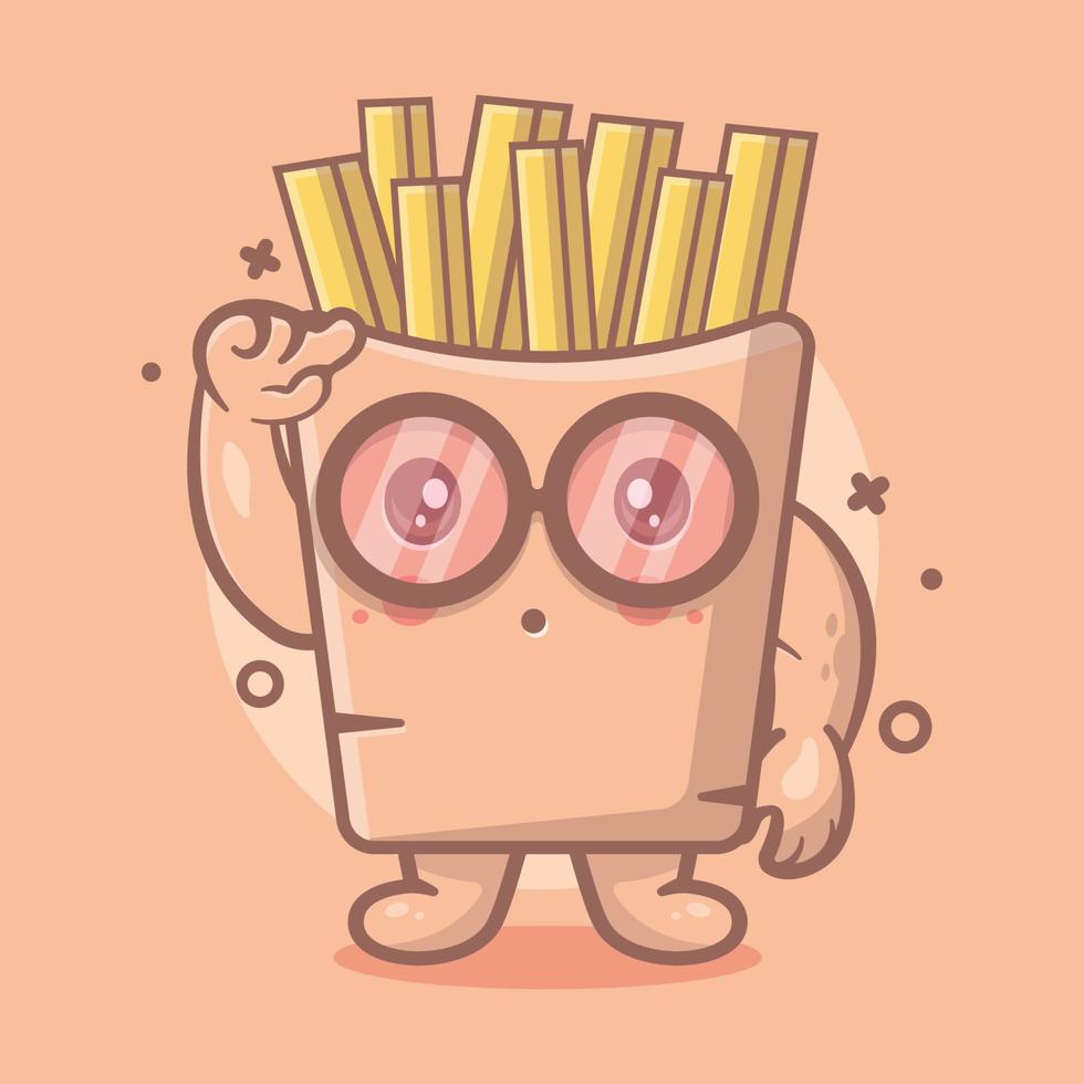 Genio patatine fritte personaggio mascotte cibo con espressione pensa isolato cartone animato in stile piatto design vettore