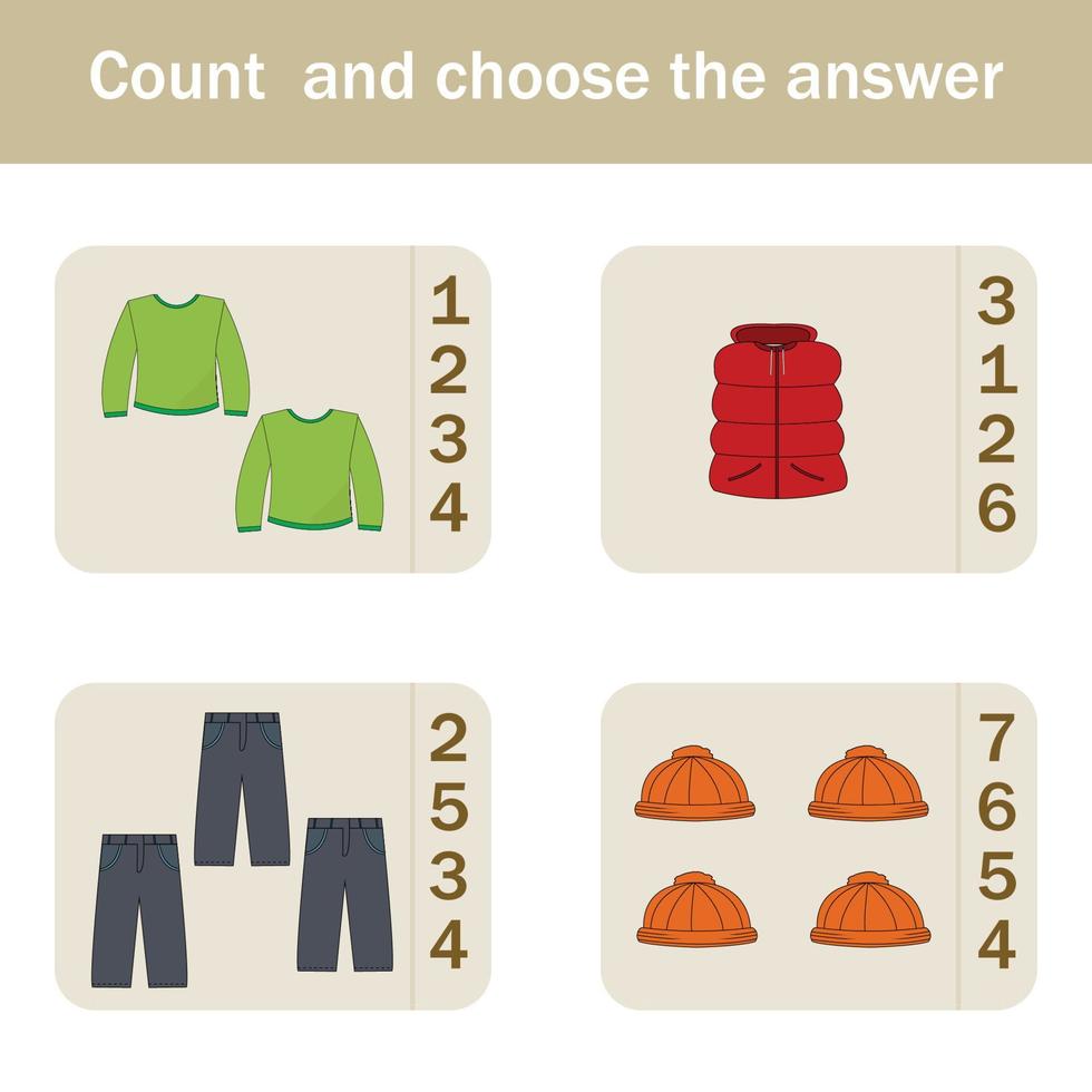 gioco di conteggio per bambini in età prescolare. conta quanti manica lunga, gilet, pantaloni, cappello vettore