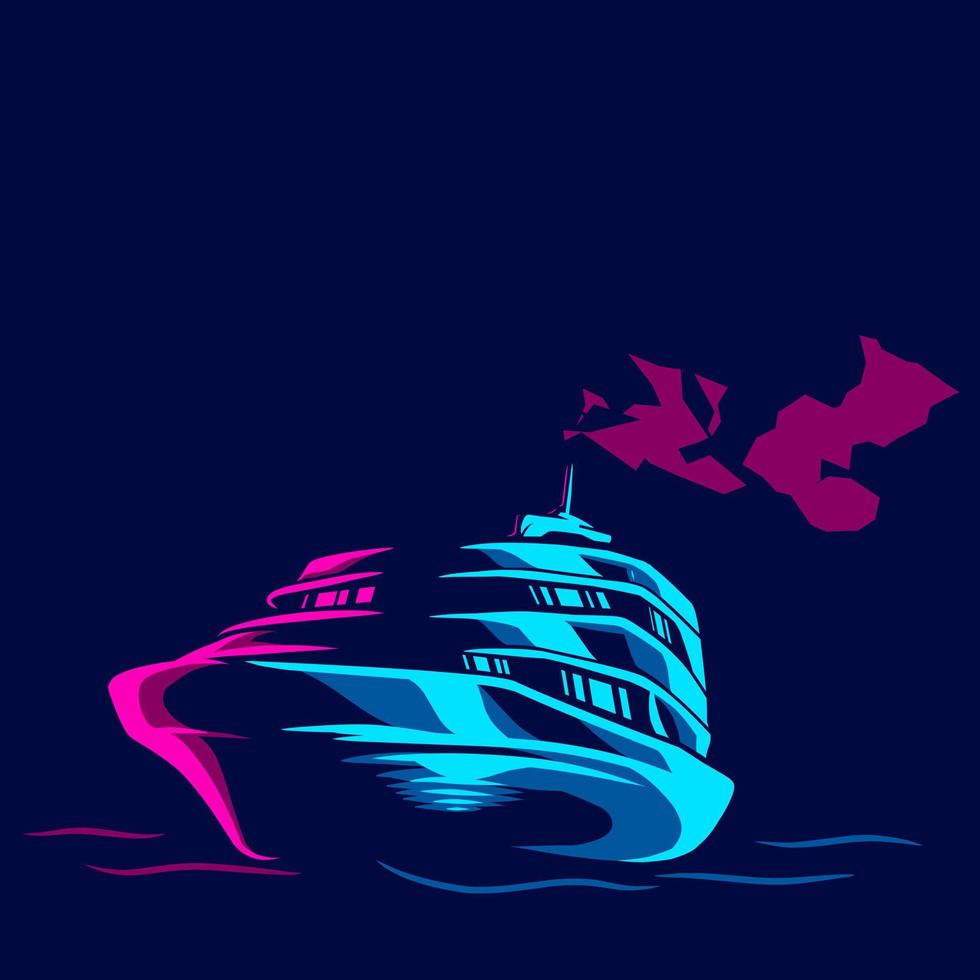 logo artistico dello yacht. design colorato della barca di velocità della nave con sfondo scuro. illustrazione grafica vettoriale per t-shirt, poster, abbigliamento, merchandising, abbigliamento. isolato con sfondo blu scuro.