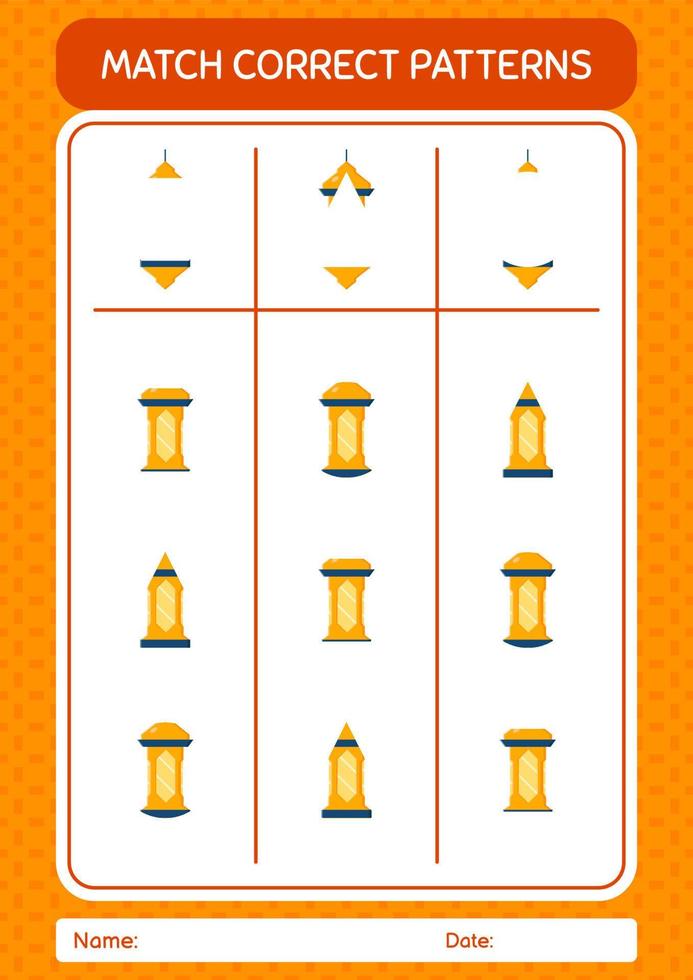 match pattern game con lanterna araba. foglio di lavoro per bambini in età prescolare, foglio attività per bambini vettore