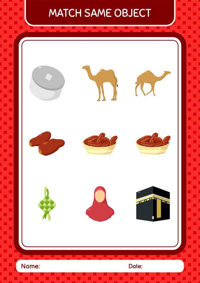 abbina con la stessa icona del ramadan del gioco di oggetti. foglio di lavoro per bambini in età prescolare, foglio attività per bambini vettore