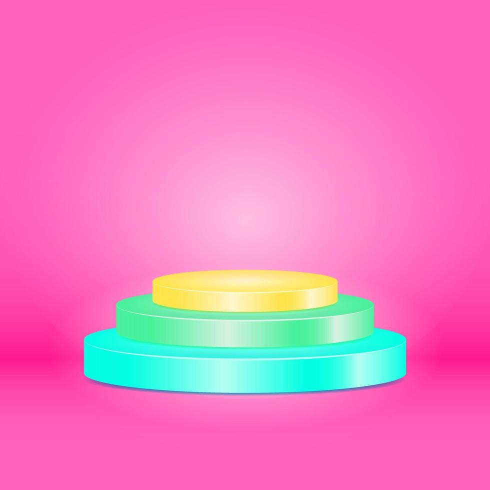 podio cilindrico pastello blu, verde e giallo con sfondo rosa pastello. Stile 3d, minimal, semplice, moderno, colorato ed elegante. adatto per piedistallo, esposizione di prodotti e vetrina scenica vettore