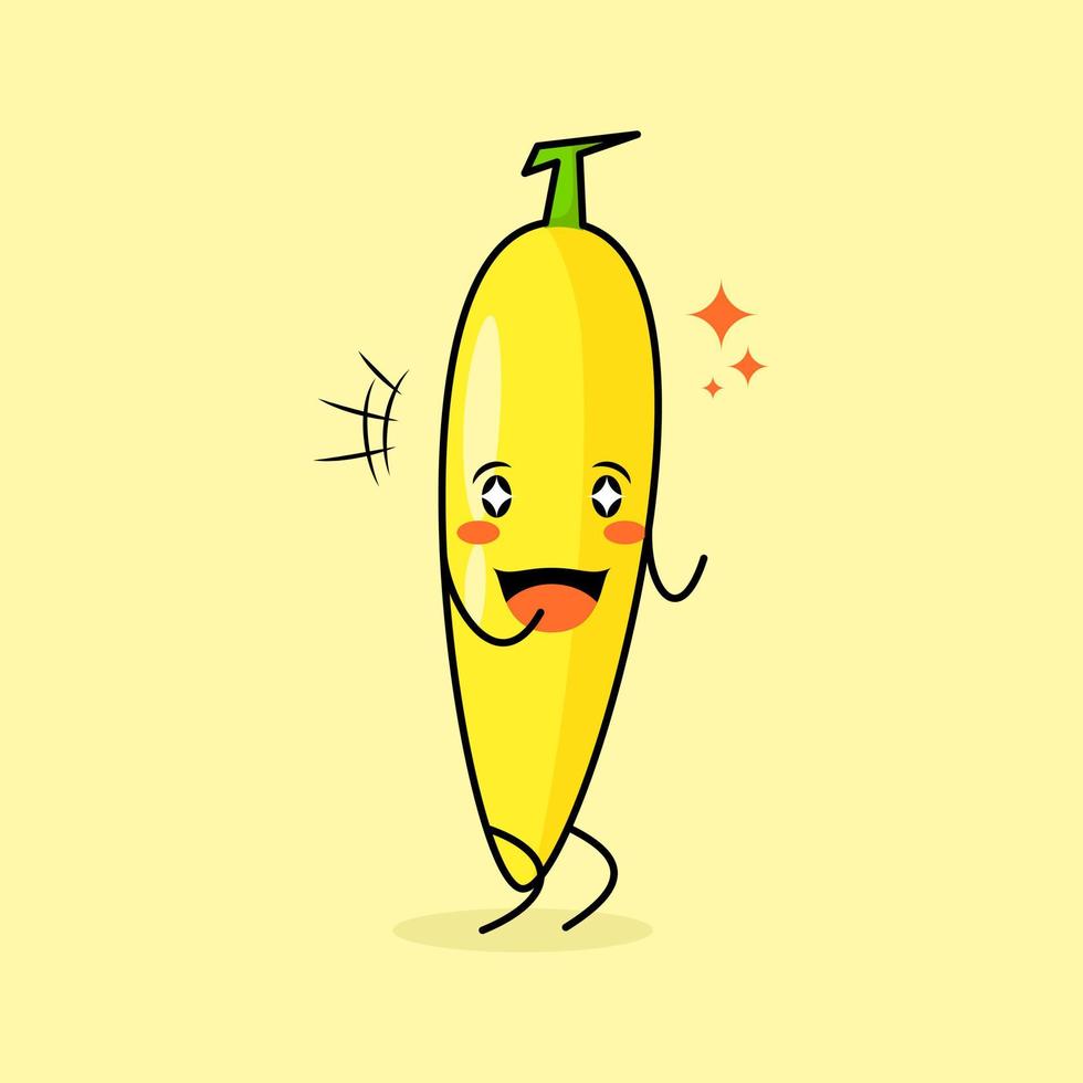 simpatico personaggio banana con sorriso ed espressione felice, due mani serrate e occhi scintillanti. verde e giallo. adatto per emoticon, logo, mascotte e icona vettore