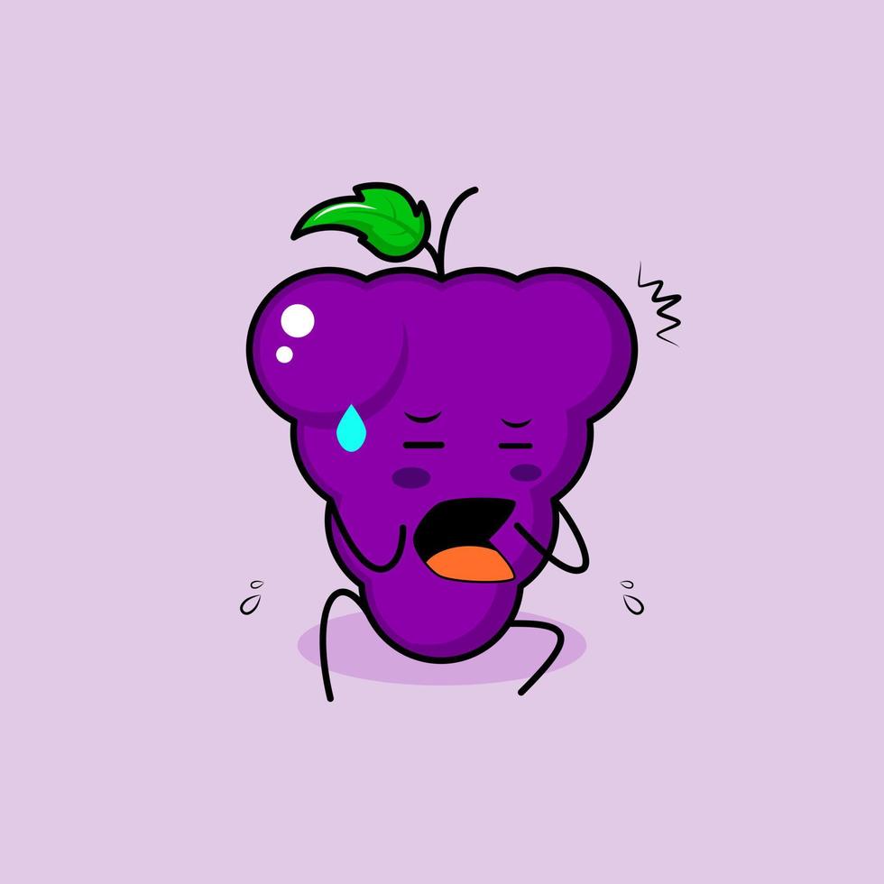 simpatico personaggio dell'uva con un'espressione spaventata e siediti. verde e viola. adatto per emoticon, logo, mascotte o adesivo vettore