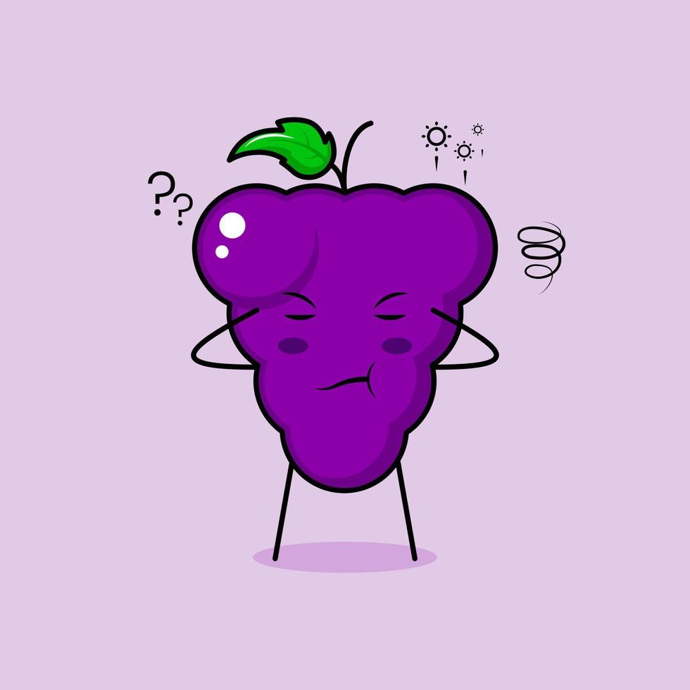 simpatico personaggio d'uva con espressione pensante, occhi chiusi e due mani sulla testa. verde e viola. adatto per emoticon, logo, mascotte vettore