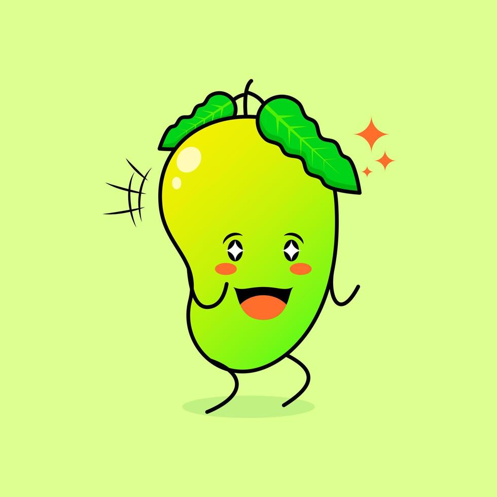 simpatico personaggio di mango con sorriso ed espressione felice, due mani serrate e occhi scintillanti. verde e arancione. adatto per emoticon, logo, mascotte e icona vettore