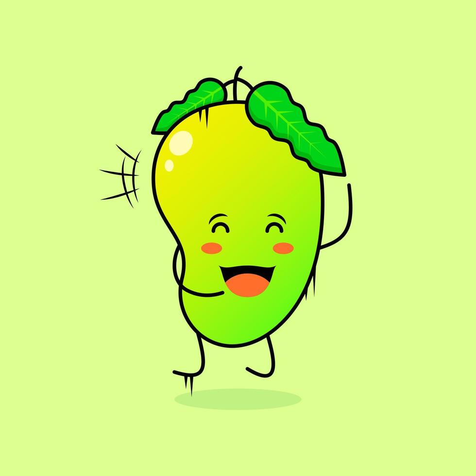 simpatico personaggio di mango con sorriso ed espressione felice, salta, chiudi gli occhi e bocca aperta. verde e arancione. adatto per emoticon, logo, mascotte e icona vettore