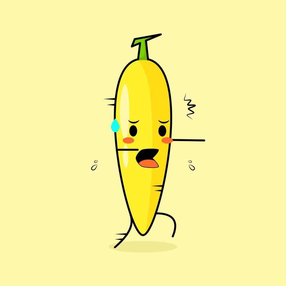 simpatico personaggio di banana con espressione spaventata e corsa. verde e giallo. adatto per emoticon, logo, mascotte o adesivo vettore