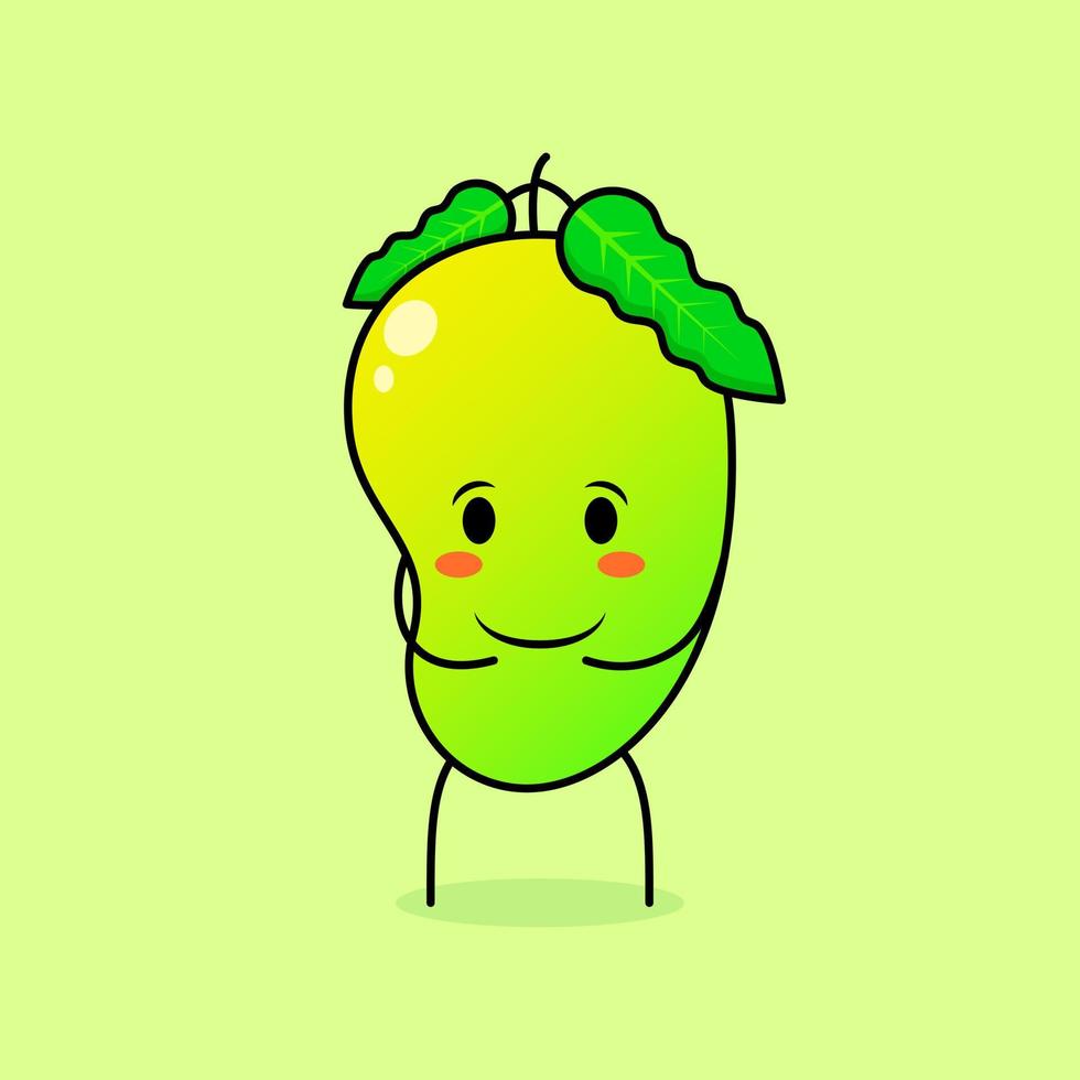 simpatico personaggio di mango con sorriso ed espressione felice, entrambe le mani sullo stomaco. verde e arancione. adatto per emoticon, logo, mascotte e icona vettore