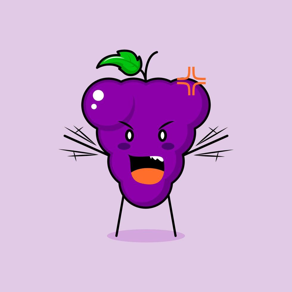 simpatico personaggio d'uva con espressione arrabbiata. verde e viola. adatto per emoticon, logo, mascotte. entrambe le mani alzate e la bocca aperta vettore