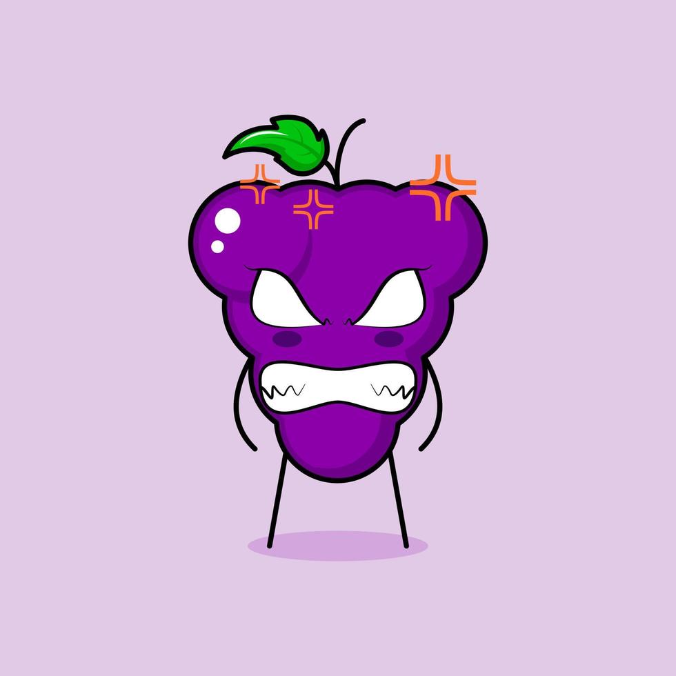 simpatico personaggio d'uva con espressione arrabbiata. occhi sporgenti e sorridenti. verde e viola. adatto per emoticon, logo, mascotte vettore
