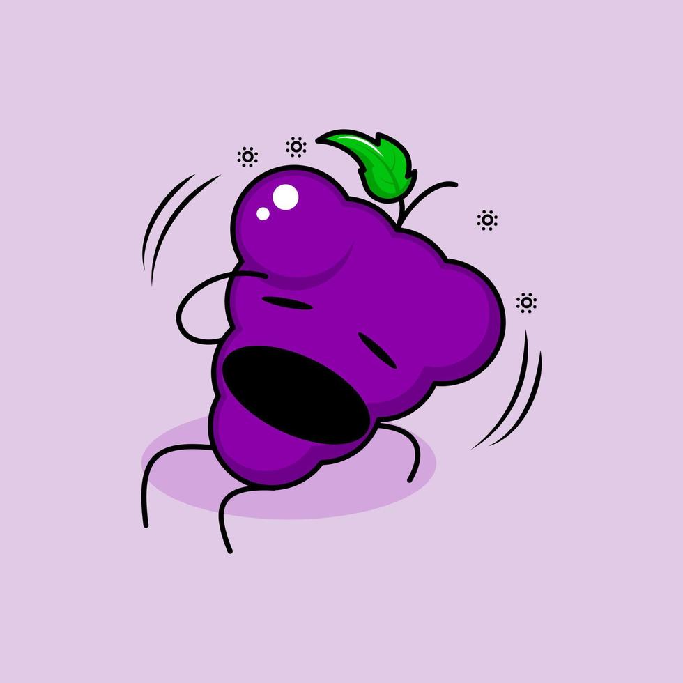 simpatico personaggio dell'uva con espressione da capogiro, bocca aperta, siediti e una mano sulla testa. verde e viola. adatto per emoticon, logo, mascotte e icona vettore