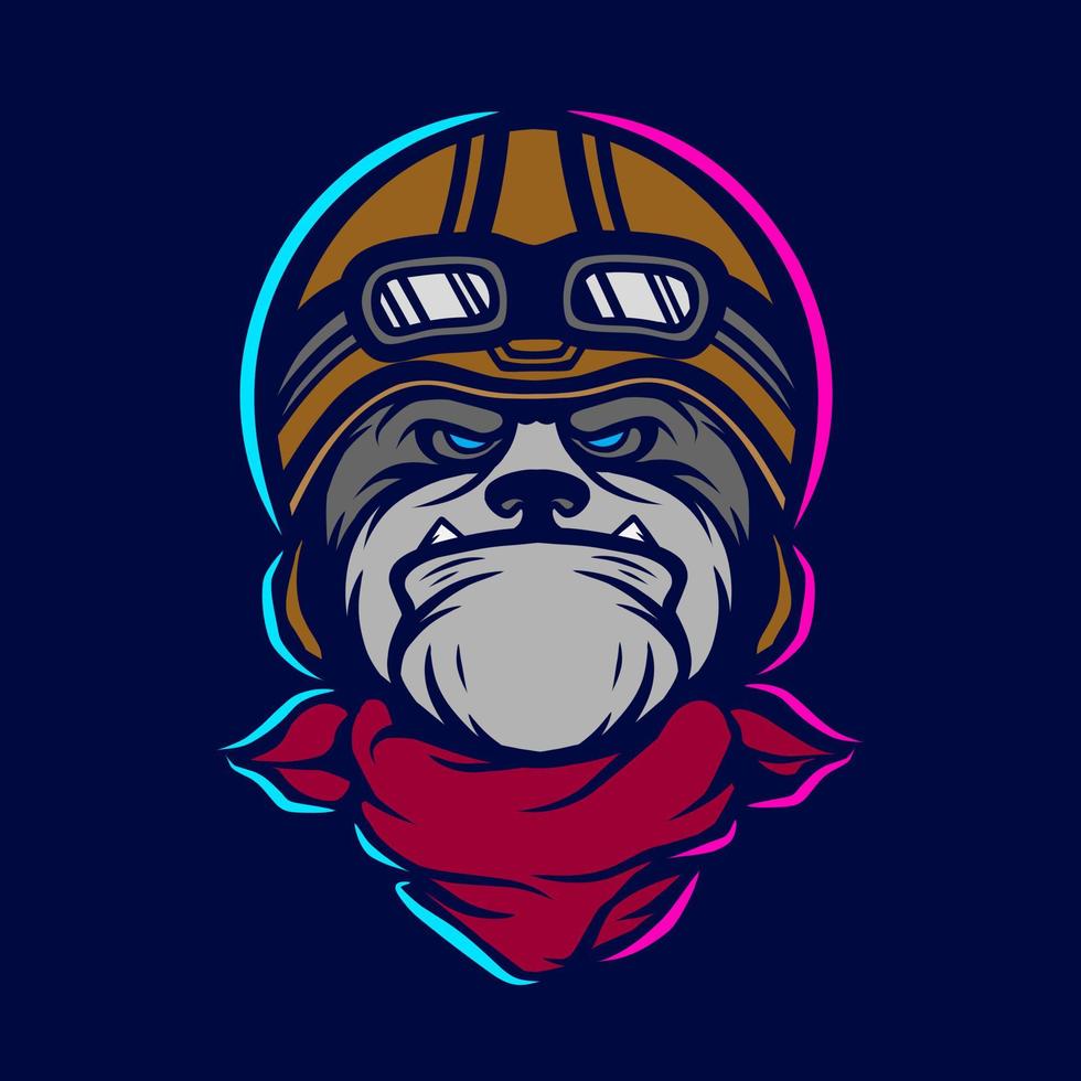 divertente funky bulldog motociclista logo pop art. design colorato cane retrò con sfondo scuro. illustrazione vettoriale astratta. sfondo nero isolato per t-shirt, poster, abbigliamento, merchandising, abbigliamento.