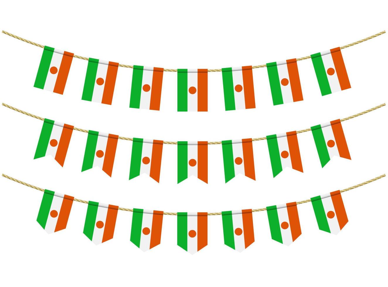 bandiera del niger sulle corde su sfondo bianco. set di bandiere di stamina patriottiche. decorazione della stamina della bandiera del niger vettore