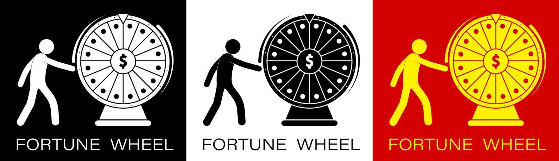 figura stilizzata, il giocatore gira la ruota della fortuna con un simbolo del dollaro al centro. fortuna, casinò e gioco d'azzardo. gira la roulette, tenta la fortuna. vettore minimalista