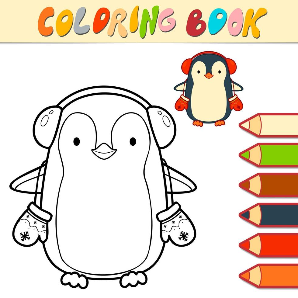 libro da colorare o pagina per bambini. illustrazione vettoriale in bianco e nero del pinguino di natale
