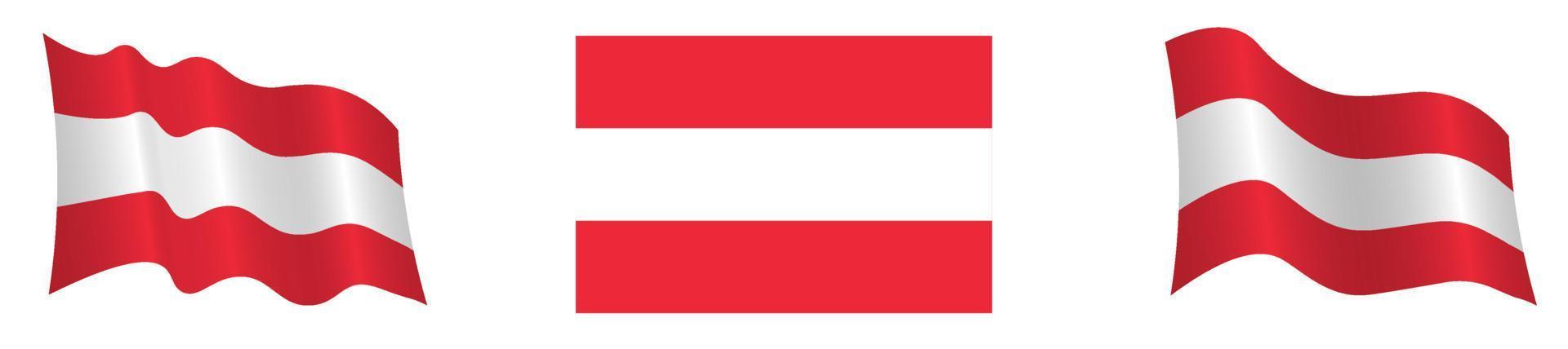 bandiera della repubblica austriaca in posizione statica e in movimento, che si sviluppa nel vento, su sfondo bianco. colori accurati della bandiera approvati vettore
