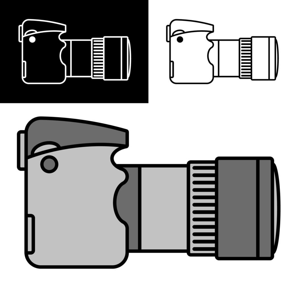 icone della fotocamera impostate. attrezzatura per fotografia professionale e selfie. Giornata mondiale della fotografia 19 agosto. vettore bianco nero isolato