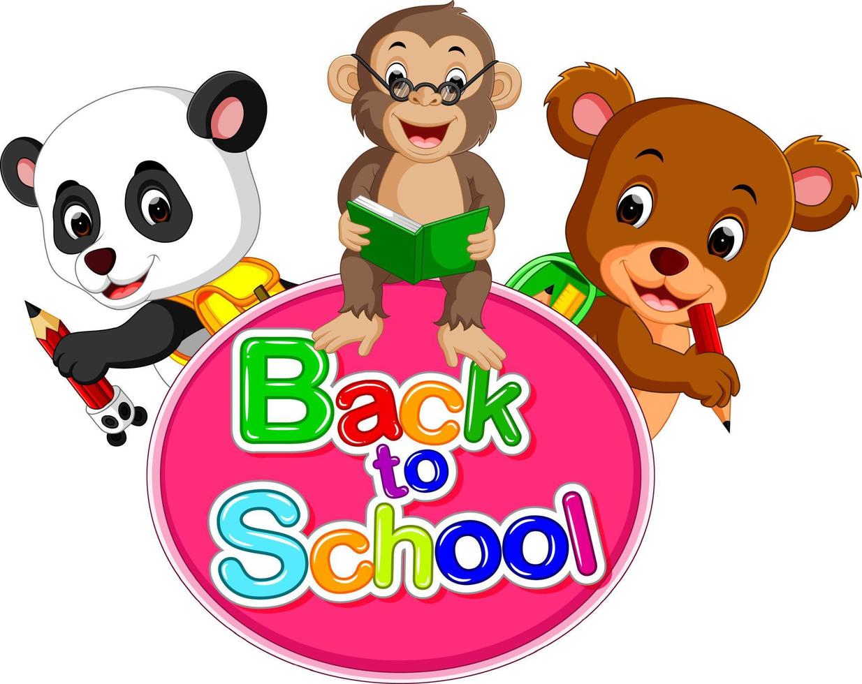 il simpatico panda, la scimmia e un orso stanno tornando a scuola. vettore
