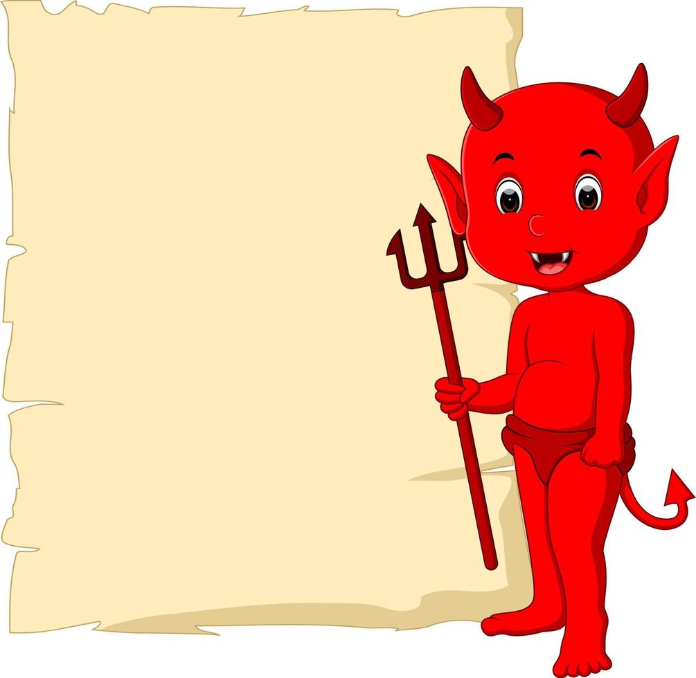 simpatico cartone animato diavolo con segno in bianco vettore
