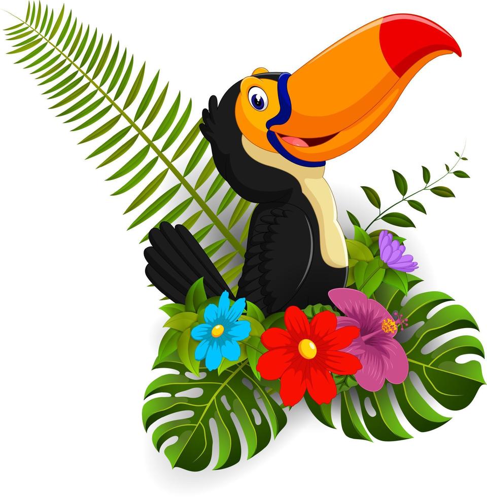 tucano cartone animato con fiori tropicali e lasciare sfondo vettore