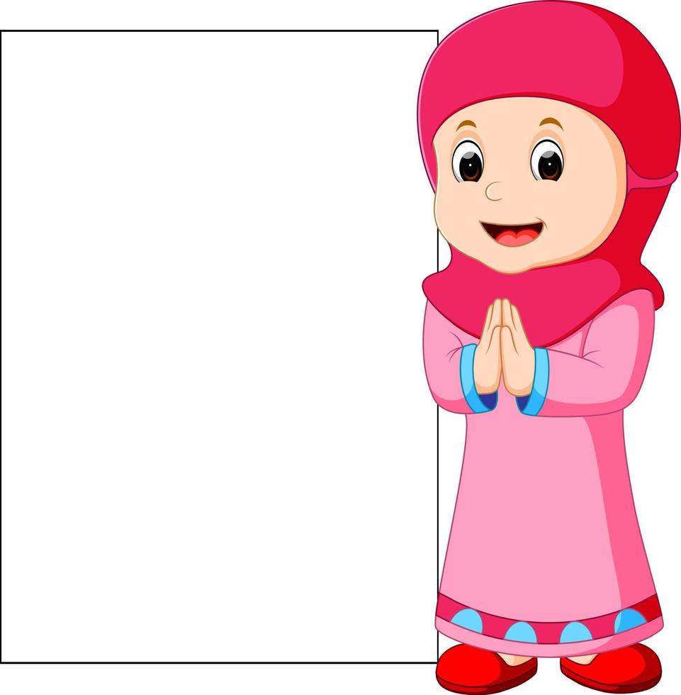 cartone animato felice ragazza musulmana che tiene segno in bianco vettore