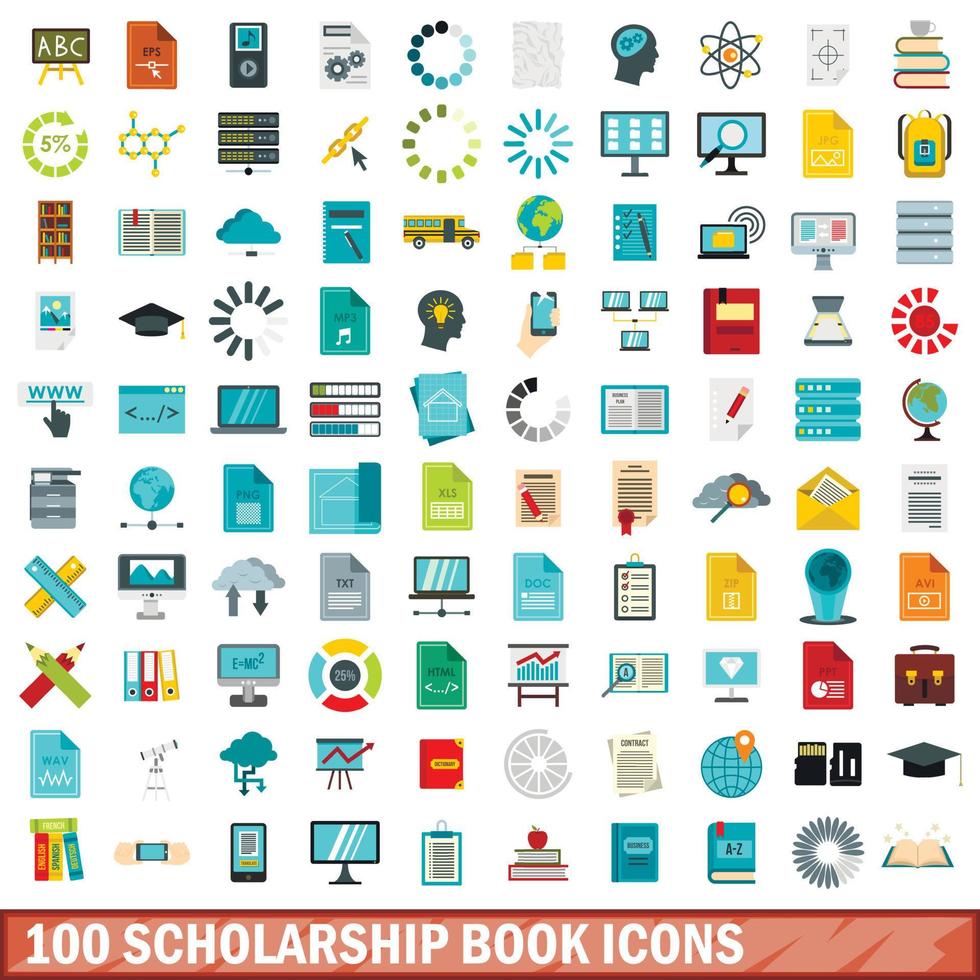 100 icone del libro di borsa di studio impostate, stile piatto vettore