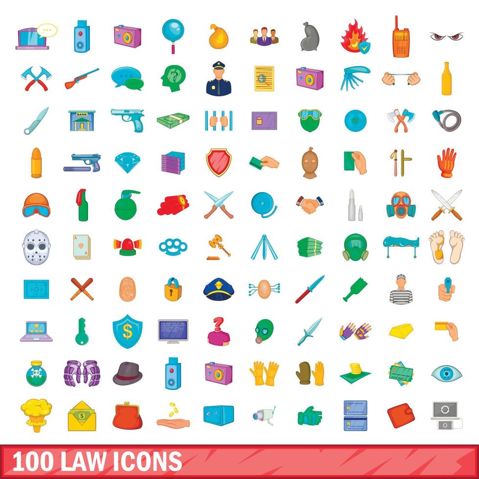 100 icone di legge impostate, stile cartone animato vettore