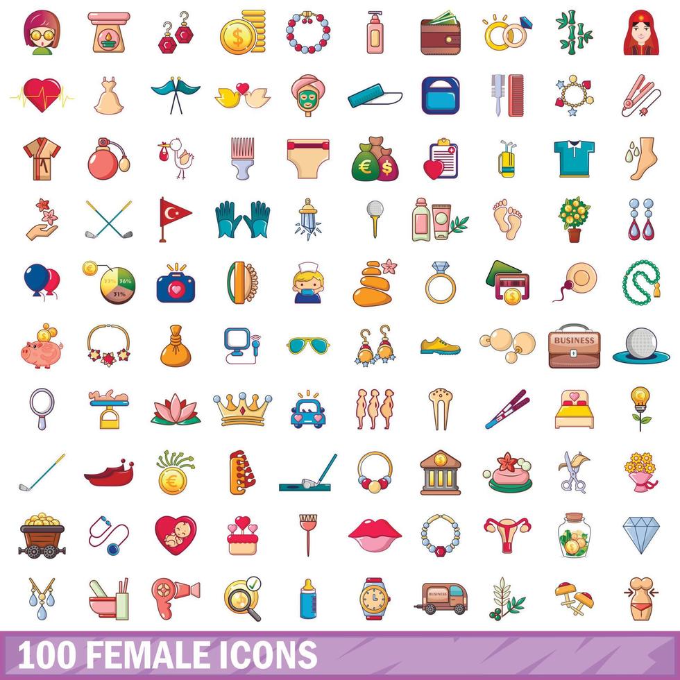100 icone femminili impostate, stile cartone animato vettore